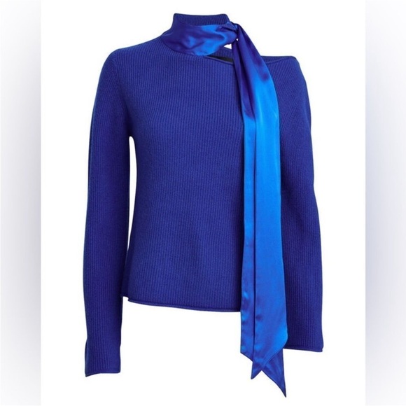 RtA Millie Tie Neck Sweater 100% Cashmere Silk Royal Blue Small Scarf Cut Out - Picture 2 of 15